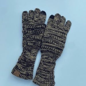 Black and tan knit touchscreen gloves with suede palms